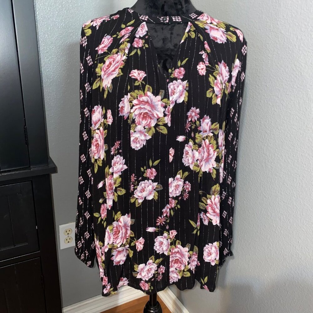 Gypsies & Moondust Womens Blouse Size Medium Floral Black Long Sleeve Blouse